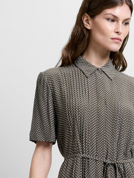 Lizzy Eco Pin Spots Pleated Khaki Mini Shirt Dress