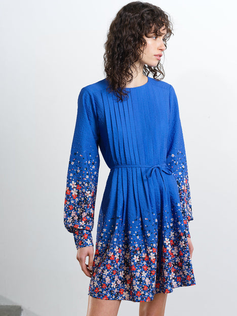 Lucy Pintuck Belted Blue Floral Mini Smock Dress