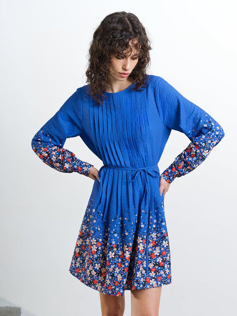 Lucy Pintuck Belted Blue Floral Mini Smock Dress