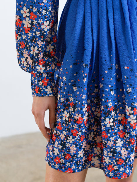 Lucy Pintuck Belted Blue Floral Mini Smock Dress