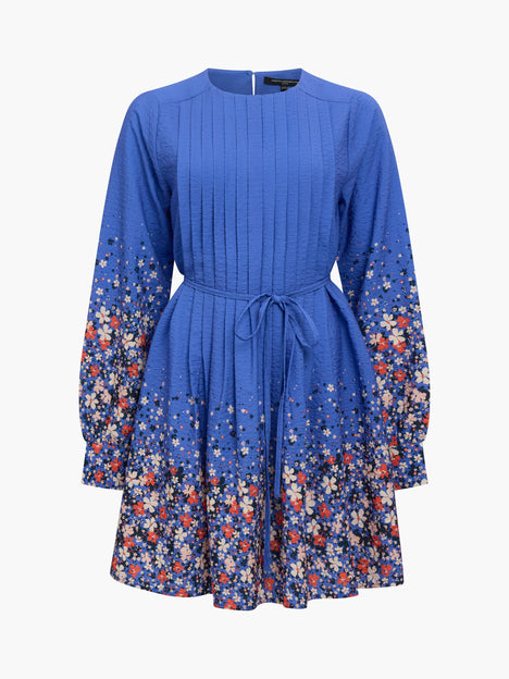 Lucy Pintuck Belted Blue Floral Mini Smock Dress