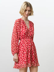 Poppy Pleated Puff Sleeve Red Floral Mini Dress