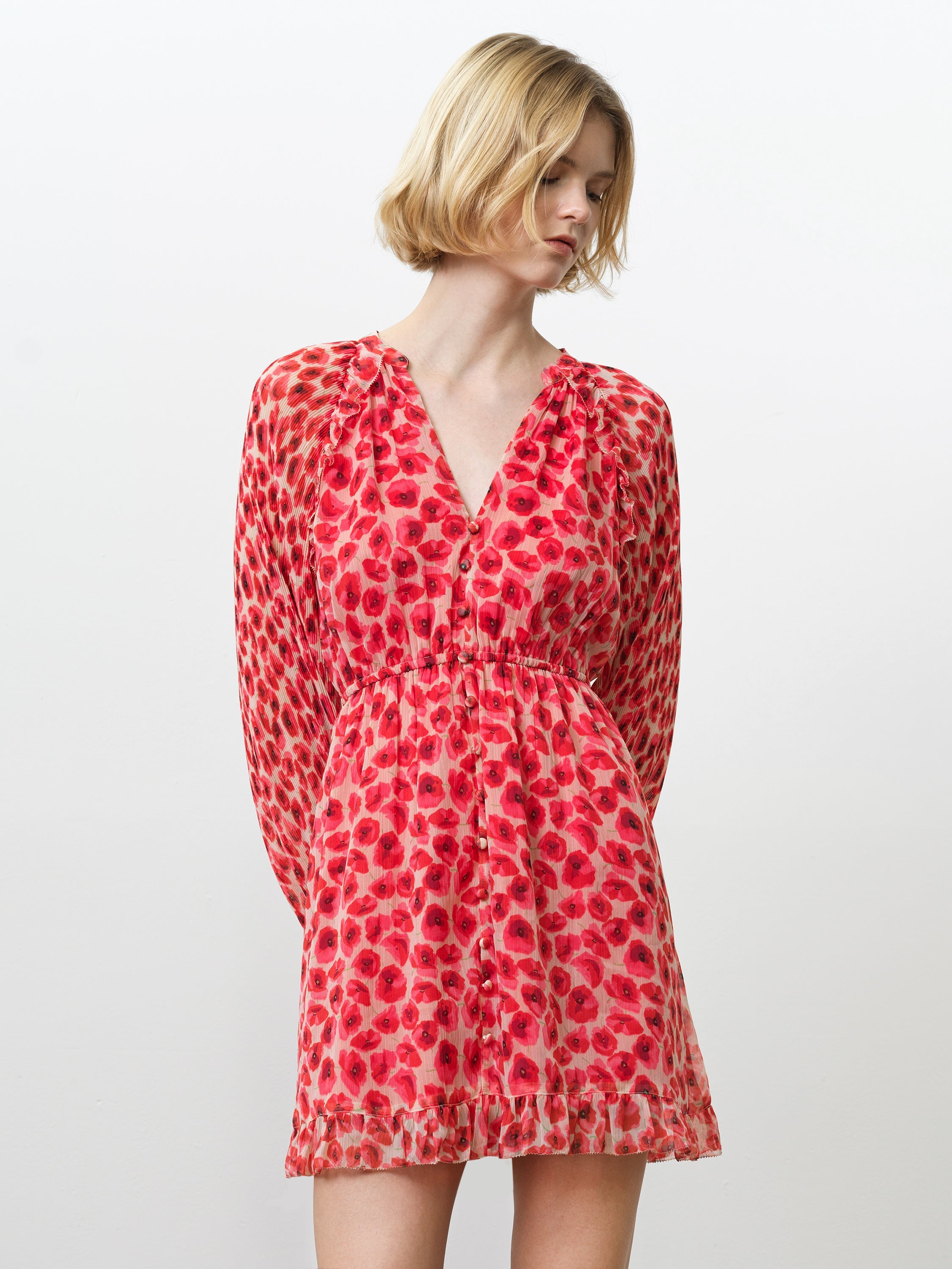 Poppy Emina Pleated Puff Sleeve Mini Dress