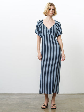 Spot Eco Puff Sleeve Blue Striped Midi Dress