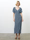 Spot Eco Puff Sleeve Blue Striped Midi Dress