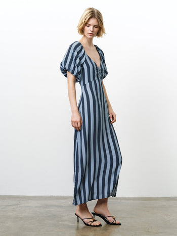 Spot Eco Puff Sleeve Blue Striped Midi Dress