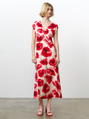 Poppy Eco Front Twist Red Floral Midi Dress