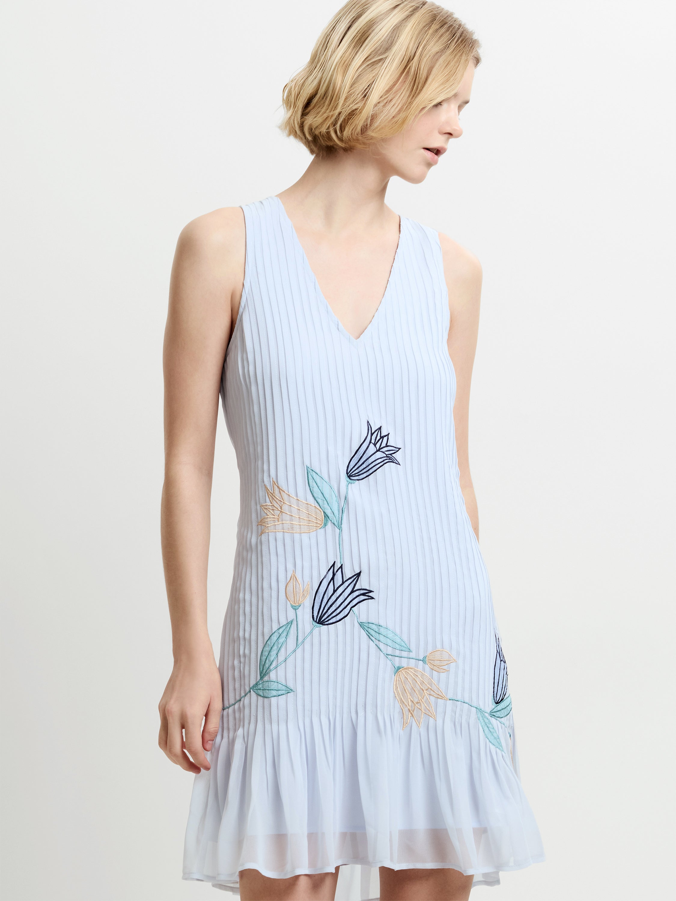 Larina Pleated Floral Applique Blue Mini Dress
