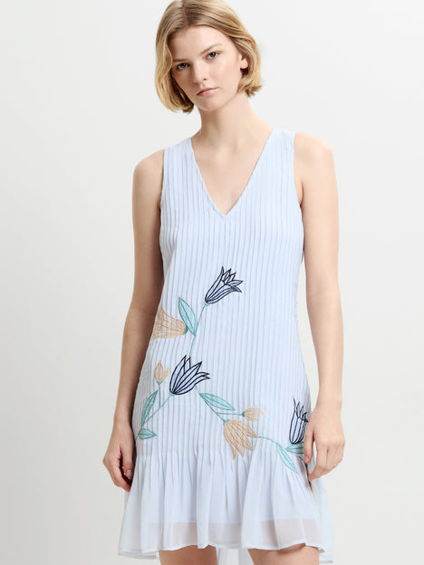 Larina Pleated Floral Applique Blue Mini Dress