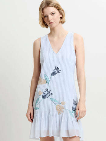 Larina Pleated Floral Applique Blue Mini Dress