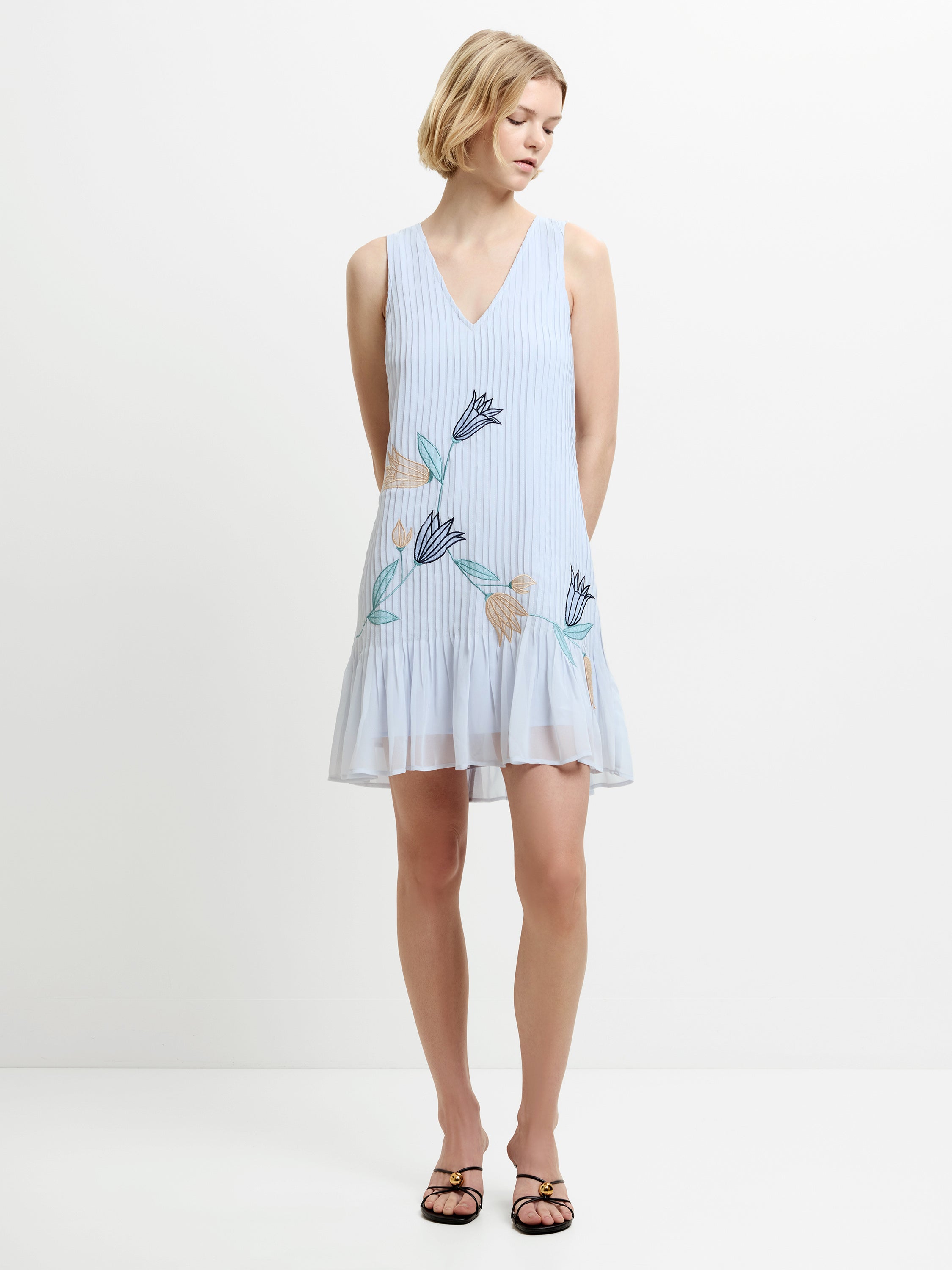 Larina Pleated Floral Applique Blue Mini Dress