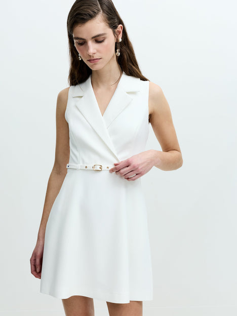 Azra Twill Belted Sleeveless White Mini Dress