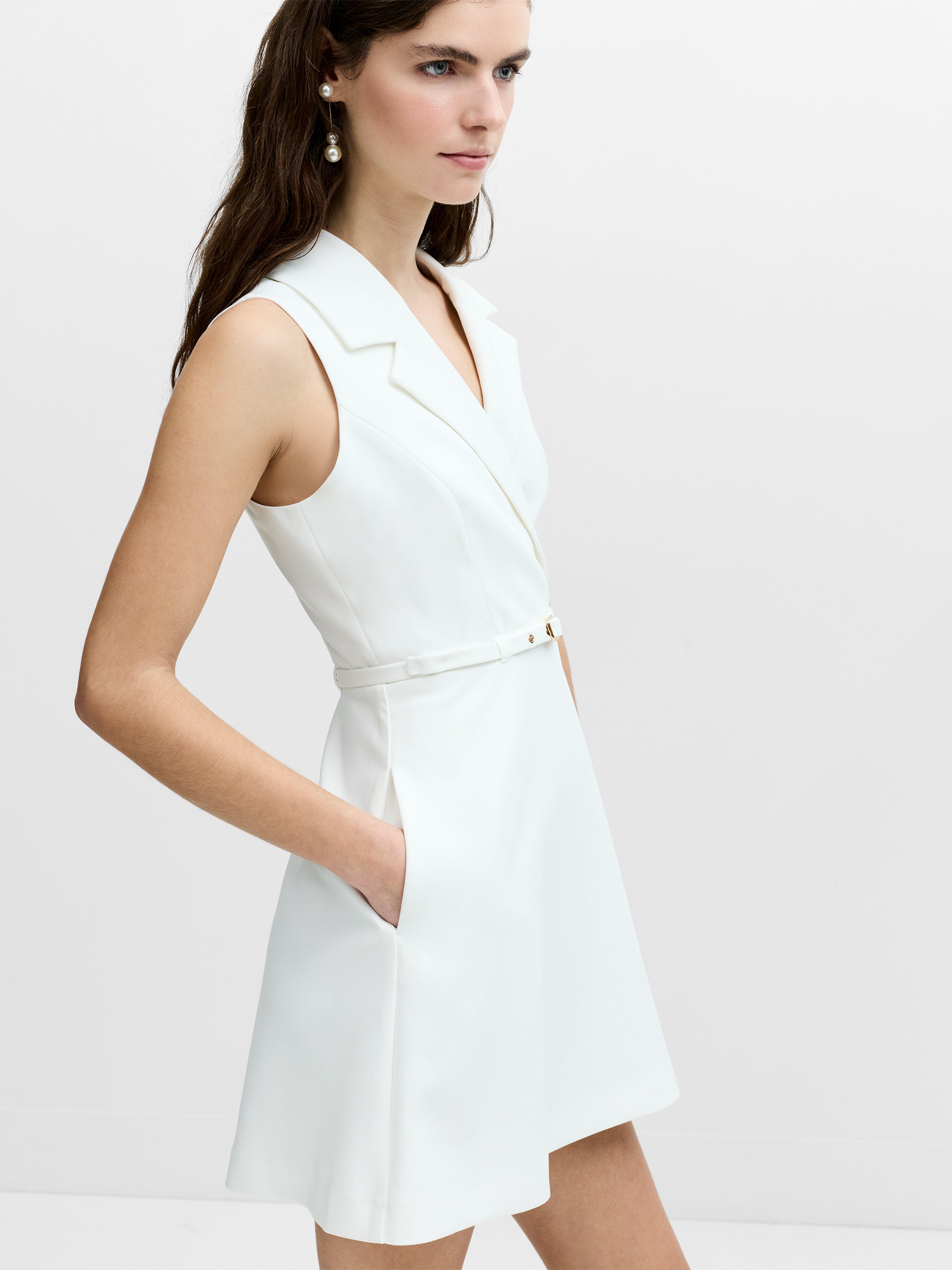 Azra Twill Belted Sleeveless White Mini Dress