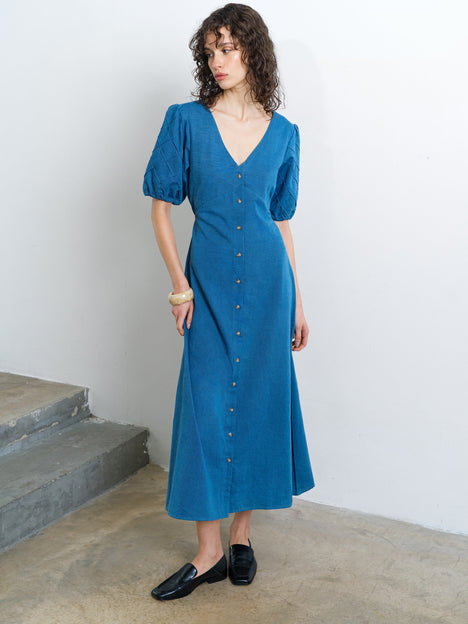 Zaves Chambray Denim Puff Sleeve Midi Dress