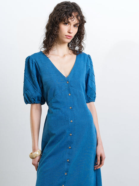 Zaves Chambray Denim Puff Sleeve Midi Dress