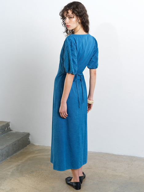 Zaves Chambray Denim Puff Sleeve Midi Dress
