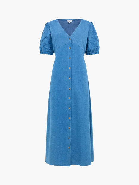 Zaves Chambray Denim Puff Sleeve Midi Dress