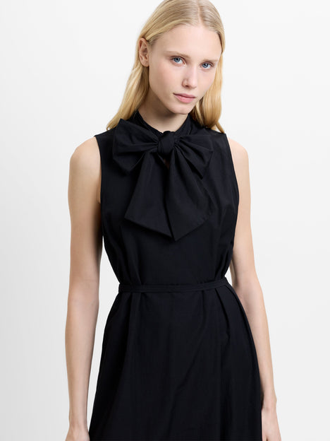 Era Poplin Sleeveless Godet Bow Black Midi Dress