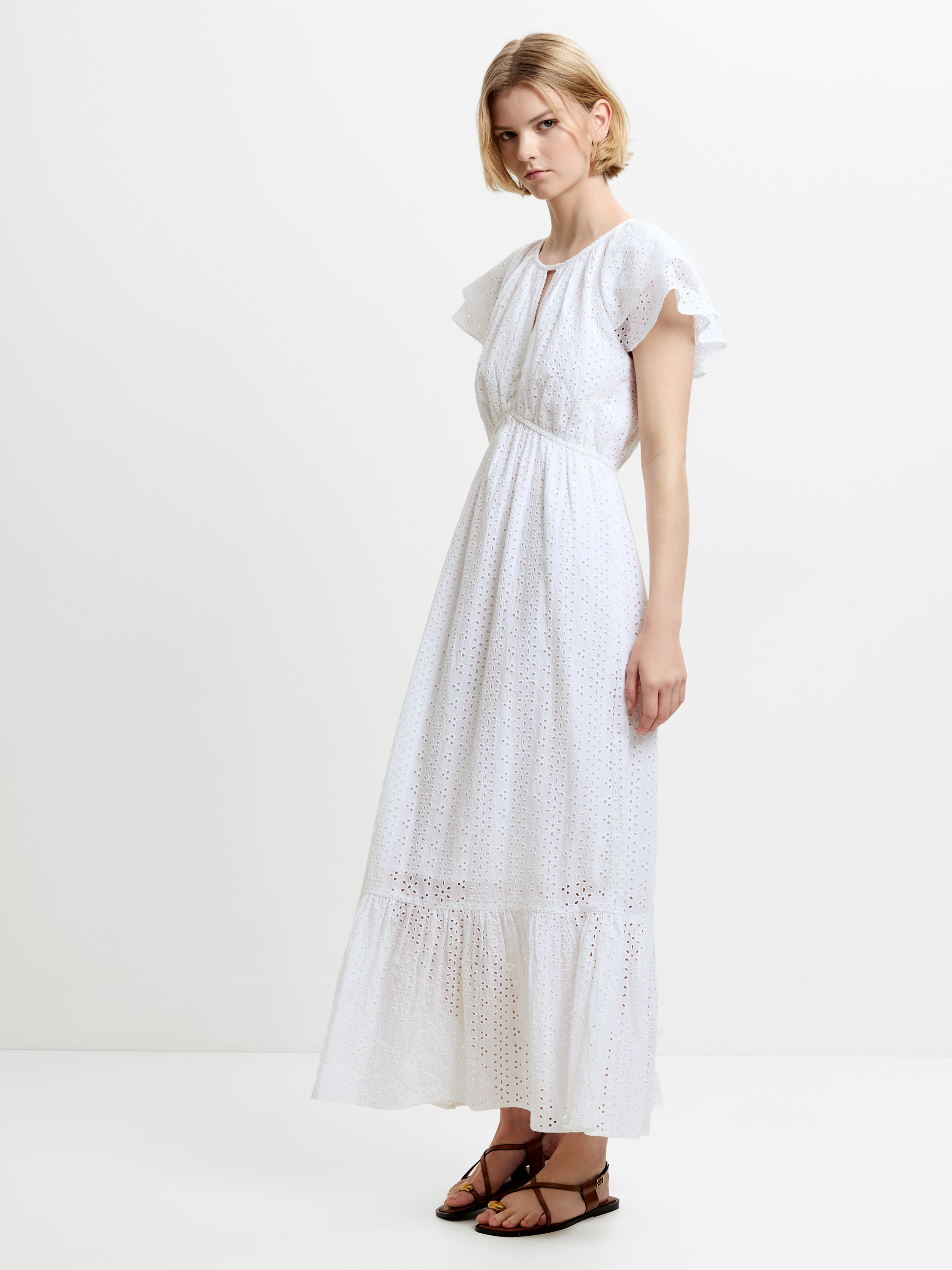 Bonnie Broderie Flutter Sleeve White Maxi Dress