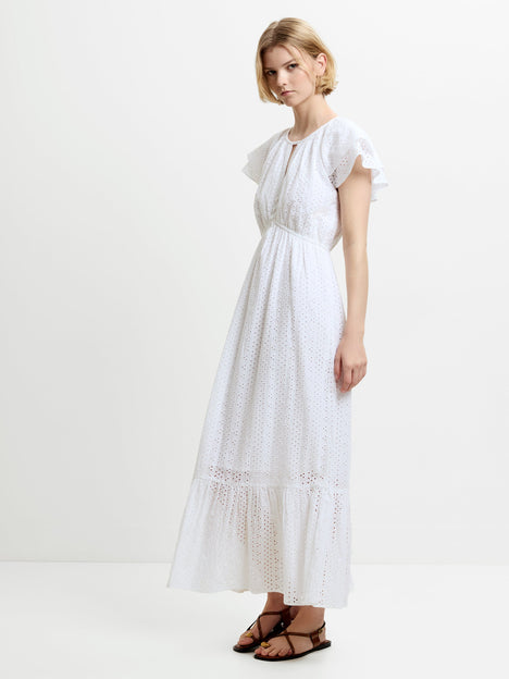 Bonnie Broderie Flutter Sleeve White Maxi Dress