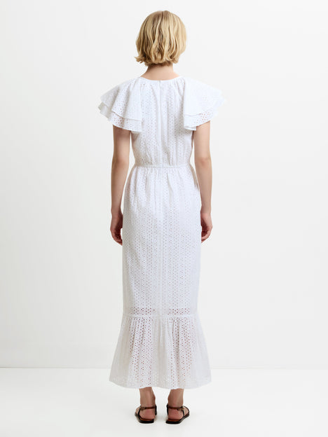 Bonnie Broderie Flutter Sleeve White Maxi Dress