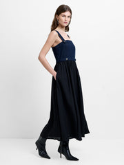 Leighton Denim Mix Square Neck Midi Dress