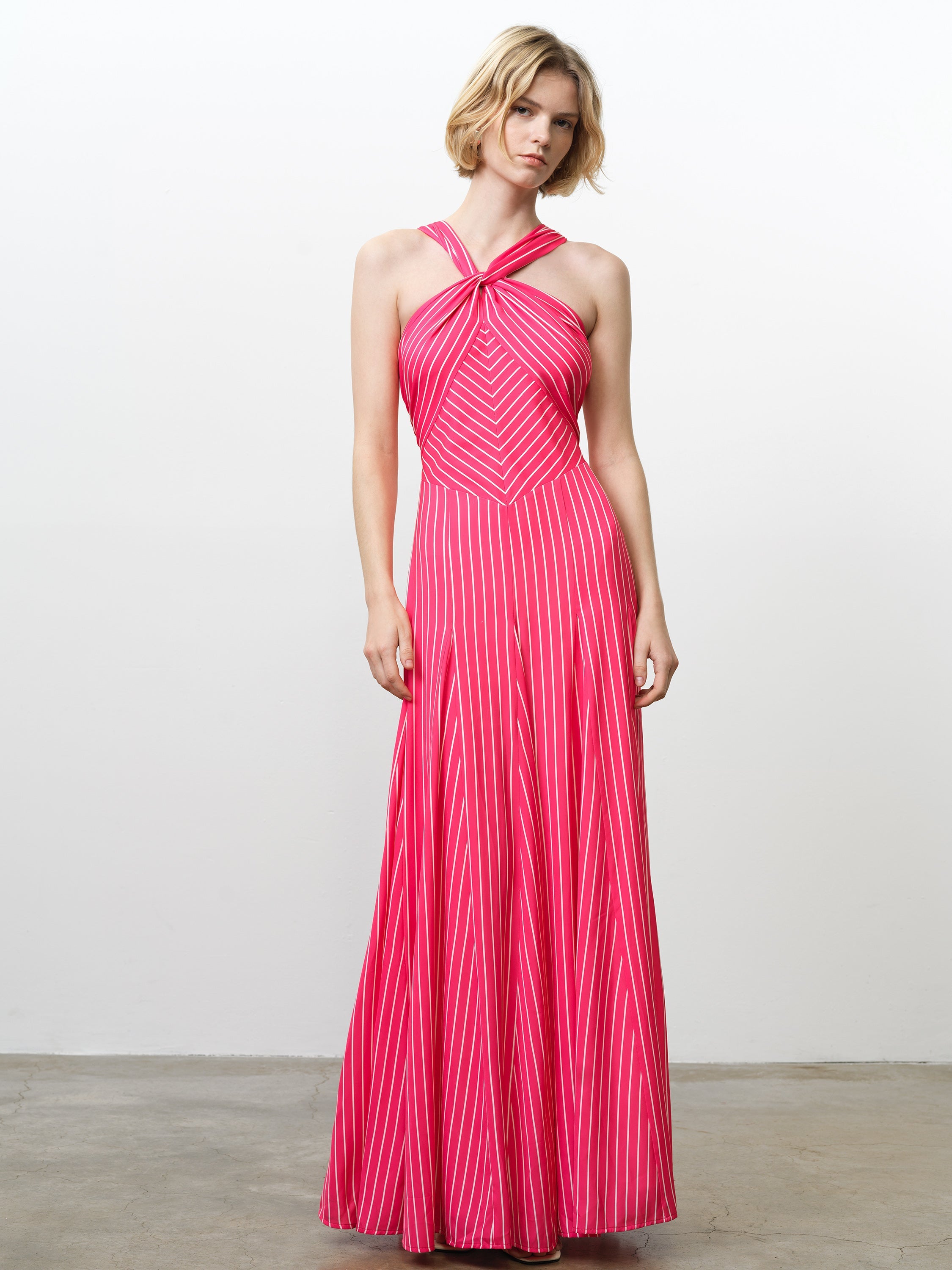 Clarisa Pink Striped Halterneck Maxi Dress