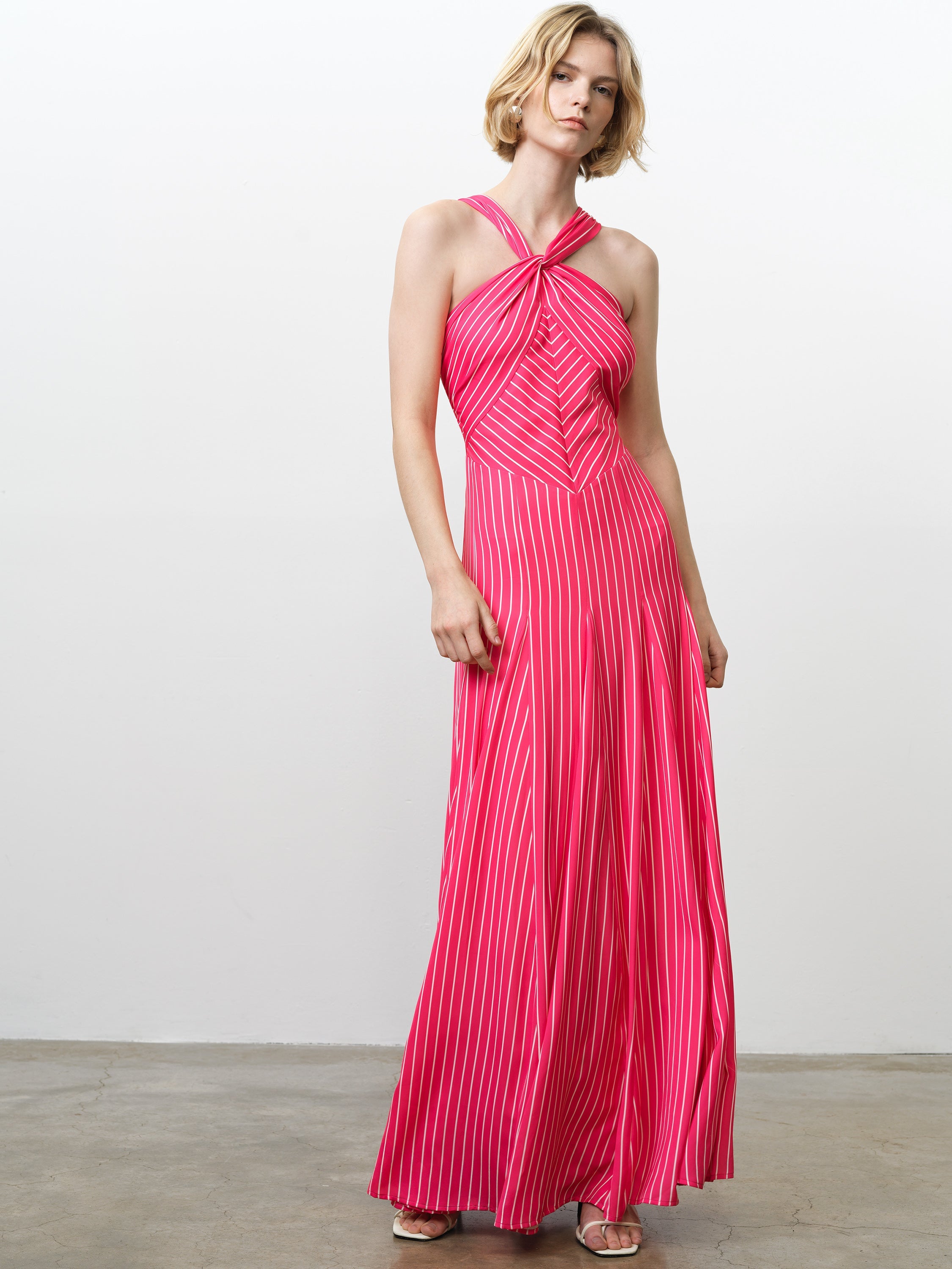 Clarisa Pink Striped Halterneck Maxi Dress
