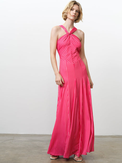 Clarisa Pink Striped Halterneck Maxi Dress