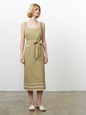 Cambria Cotton Sleeveless Green Ric Rac Midi Dress