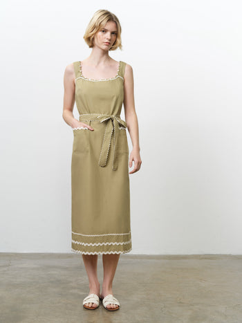 Cambria Cotton Sleeveless Green Ric Rac Midi Dress