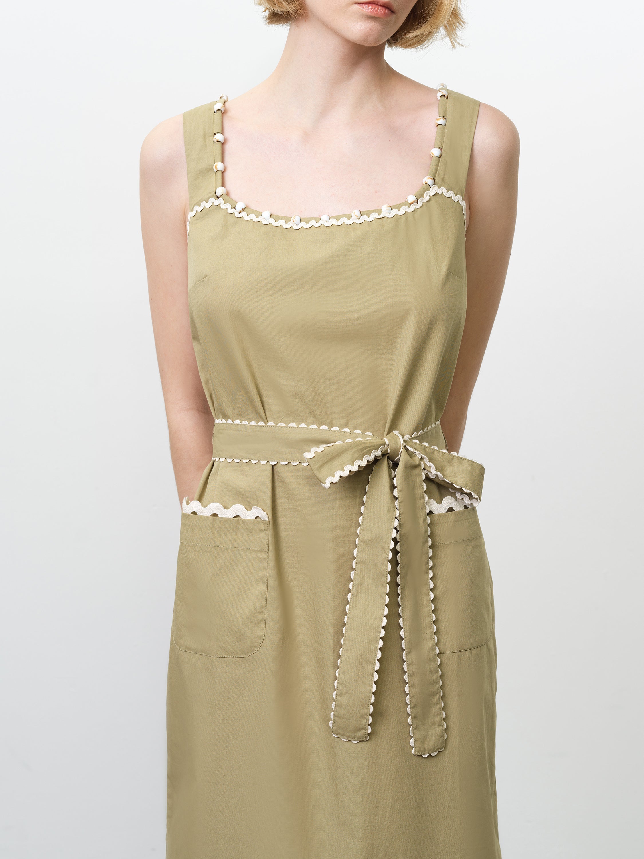 Cambria Cotton Sleeveless Green Ric Rac Midi Dress