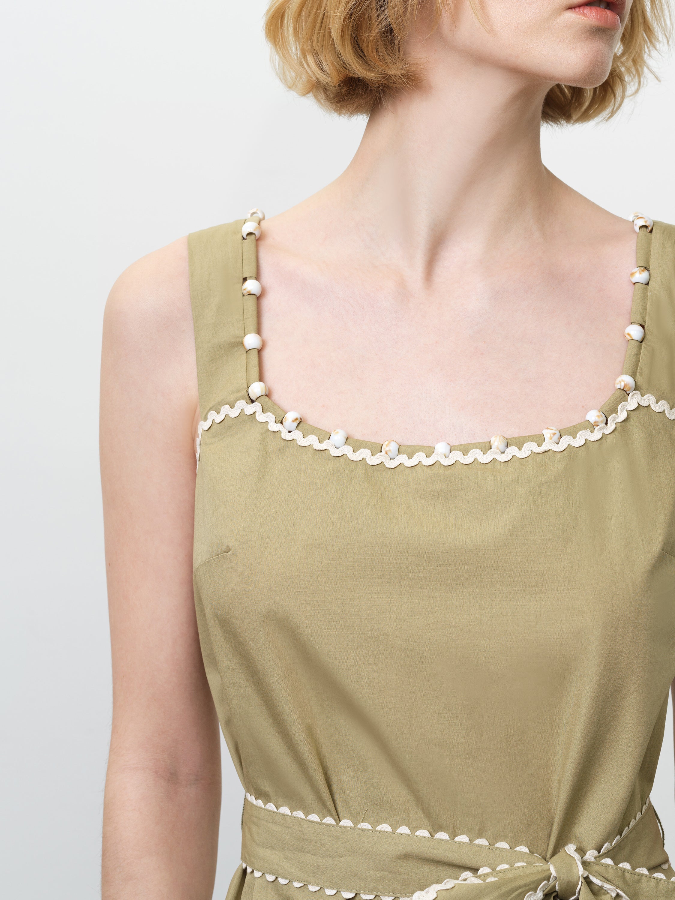 Cambria Cotton Sleeveless Green Ric Rac Midi Dress