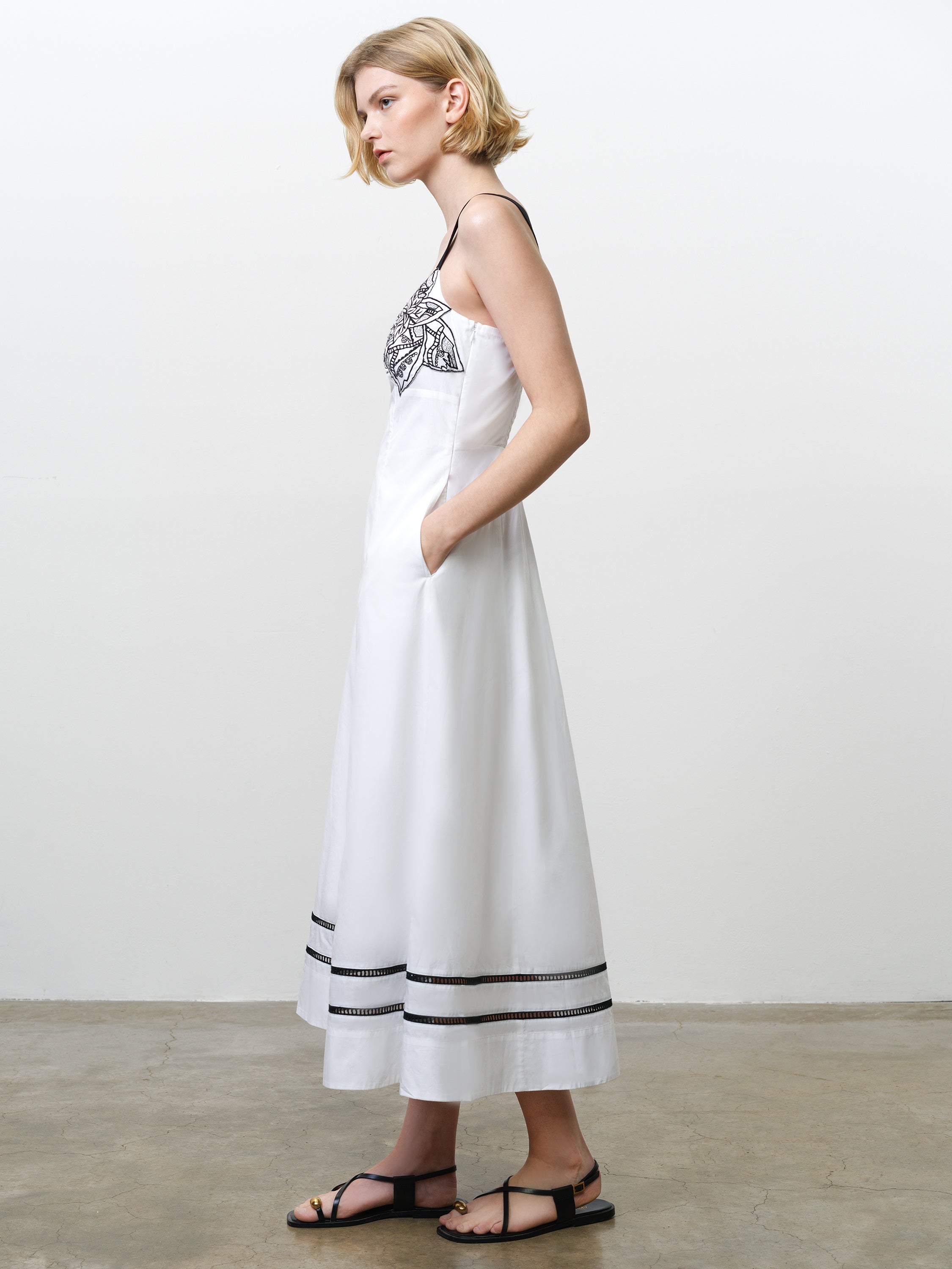 Cambria Cotton Embroidered Bust White Midi Dress