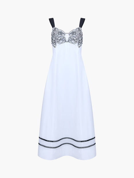 Cambria Cotton Embroidered Bust White Midi Dress