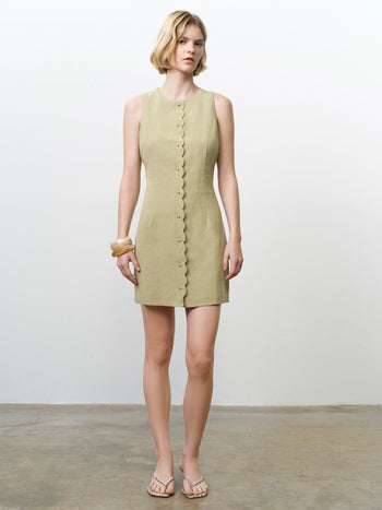 Linen Button-Through Scallop Green Mini Dress