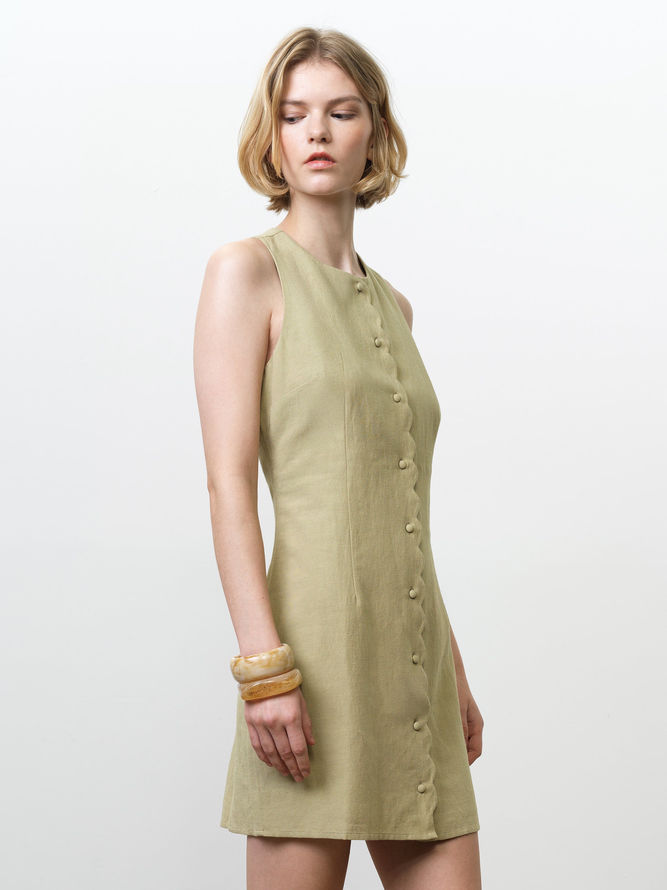 Linen Button-Through Scallop Green Mini Dress