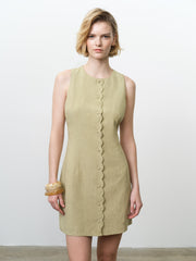 Linen Button-Through Scallop Green Mini Dress