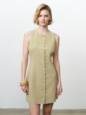 Linen Button-Through Scallop Green Mini Dress