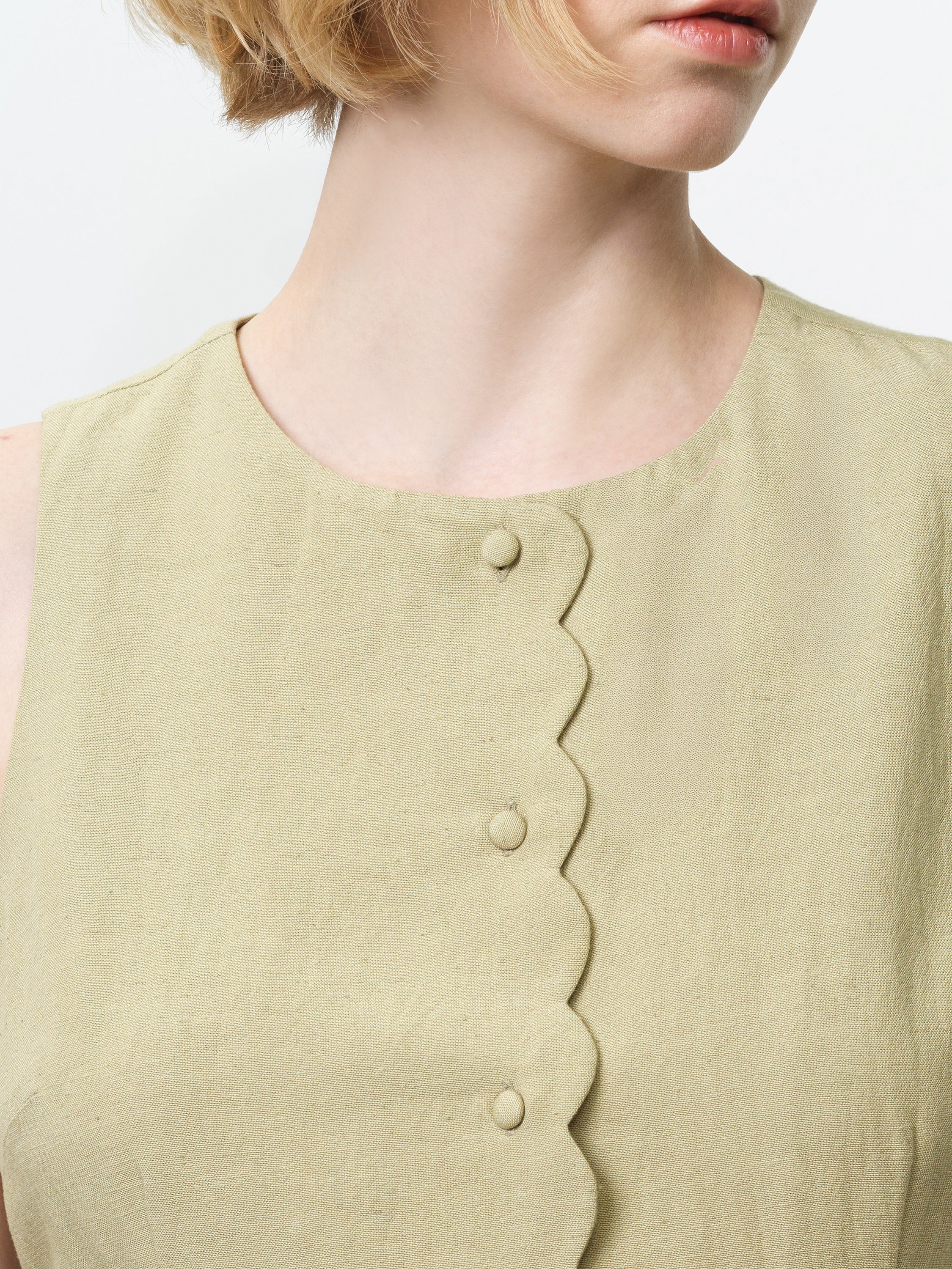 Linen Button-Through Scallop Green Mini Dress