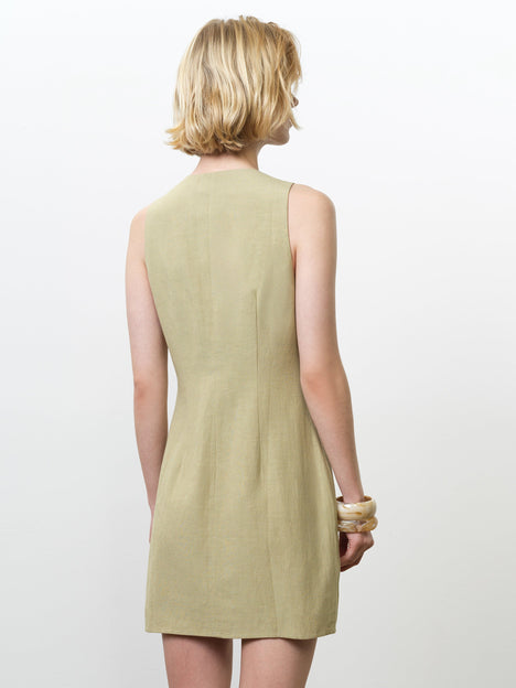 Linen Button-Through Scallop Green Mini Dress