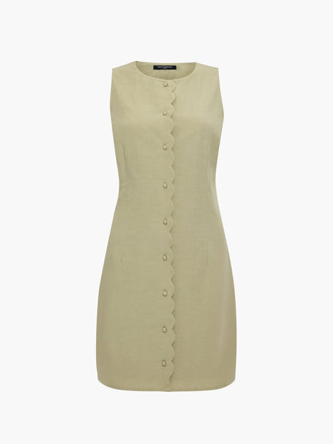 Linen Button-Through Scallop Green Mini Dress