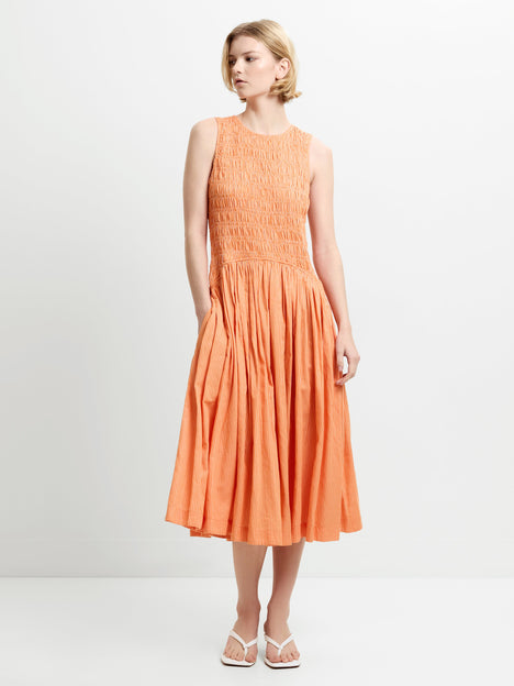 Alexis Cotton Striped Smocked Orange Midi Dress