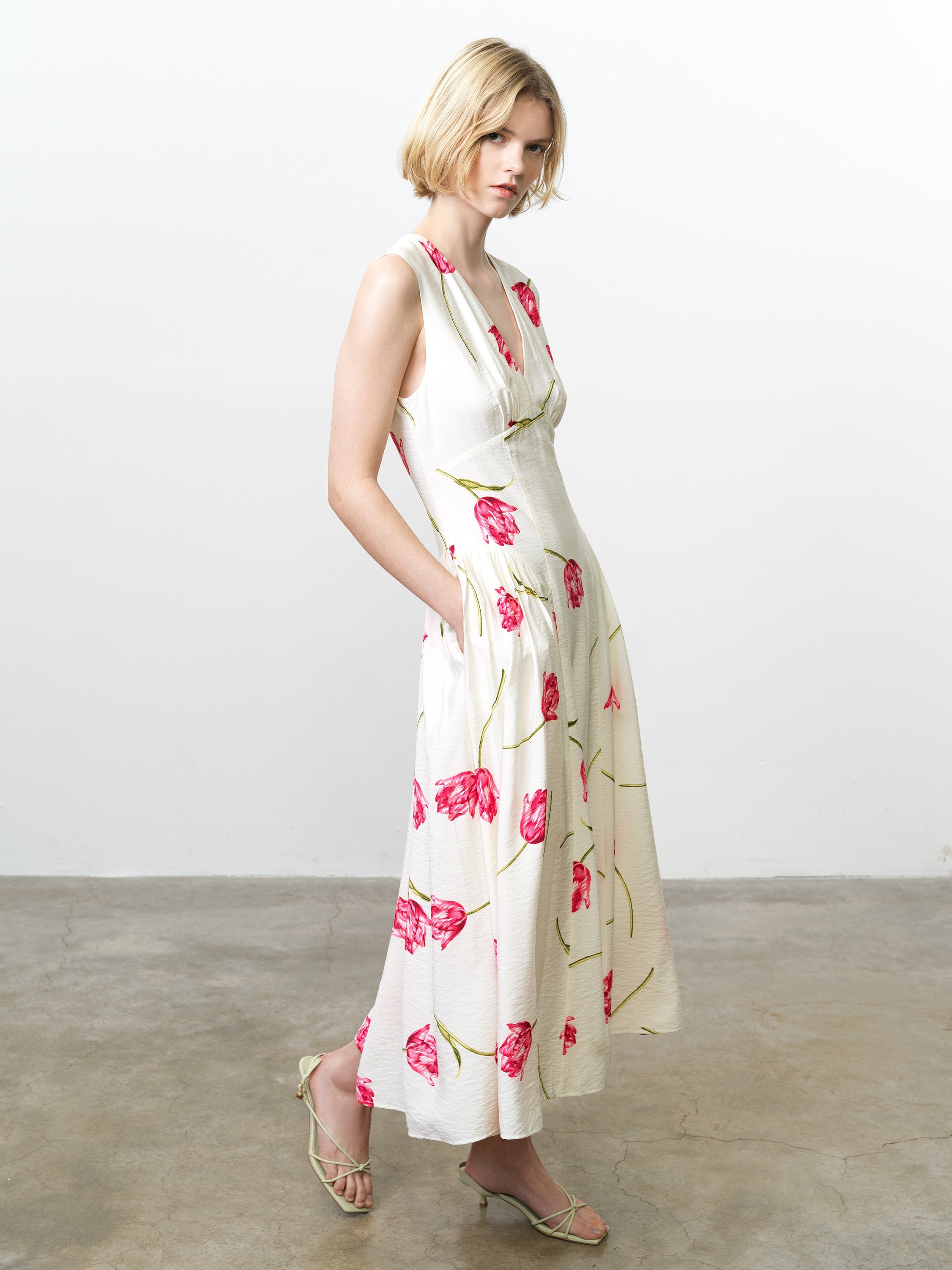 Cressida Faron Drape Midi Dres Ivory/pink Multi