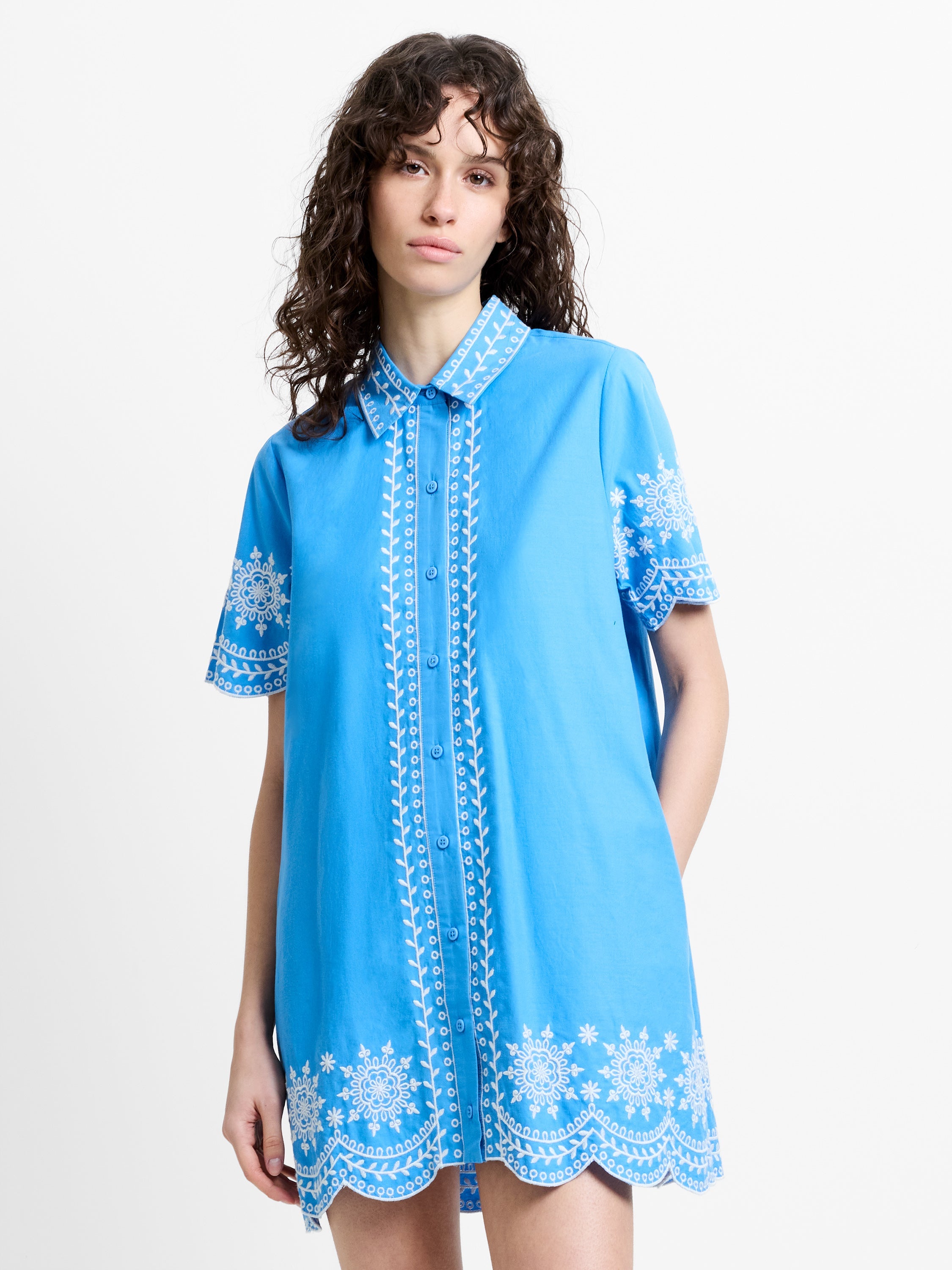 Alissa Cotton Embroidered Blue Mini Shirt Dress