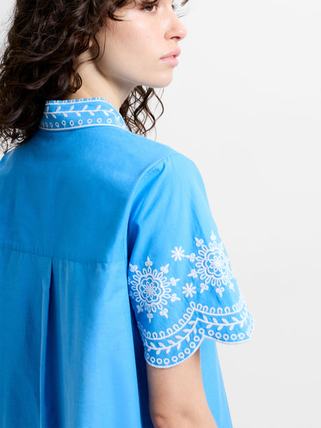 Alissa Cotton Embroidered Blue Mini Shirt Dress