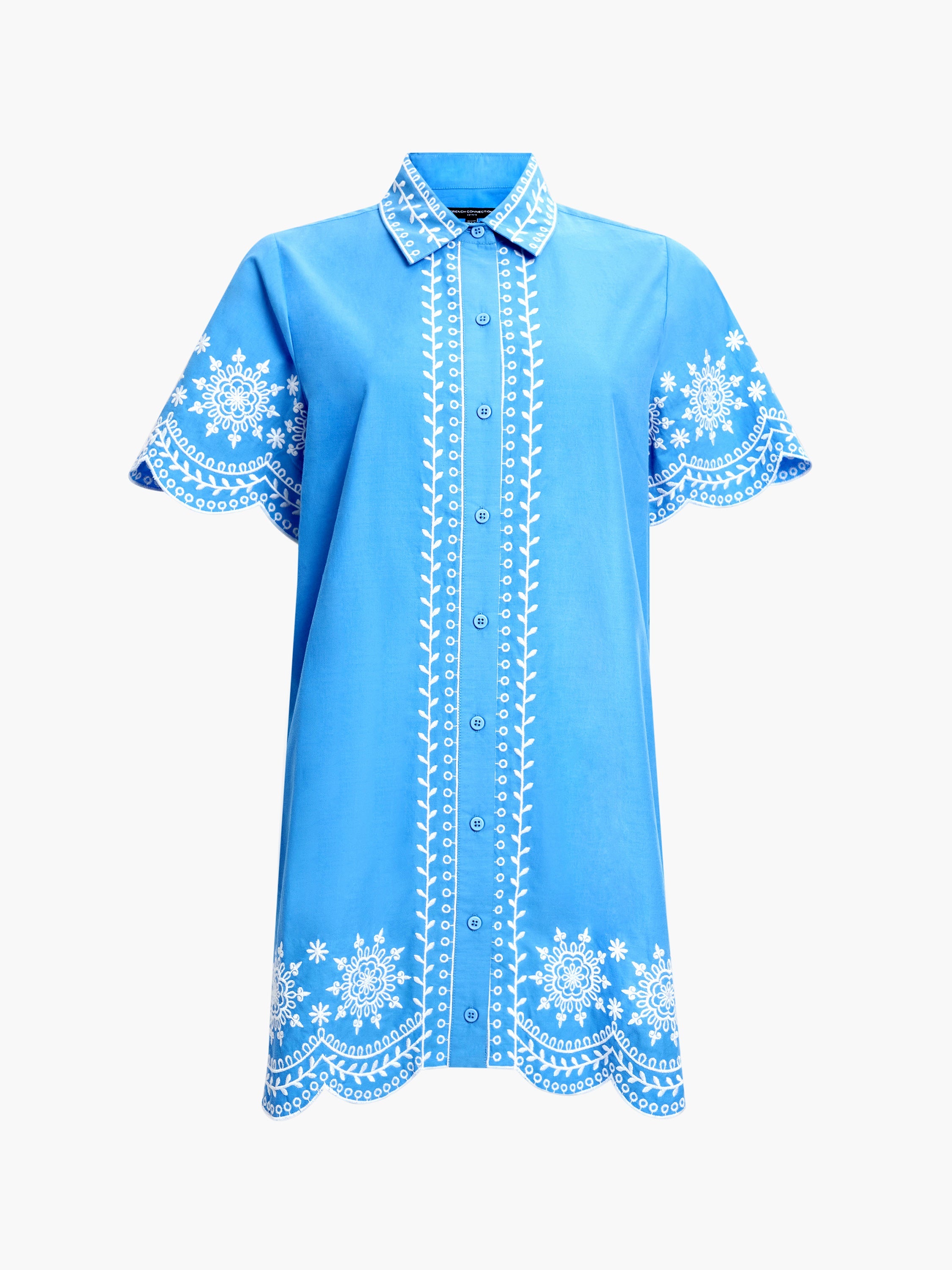 Alissa Cotton Embroidered Blue Mini Shirt Dress
