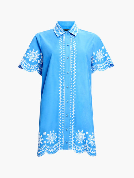 Alissa Cotton Embroidered Blue Mini Shirt Dress