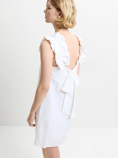 Birdie Linen Blend Ruffle Straps White Mini Dress