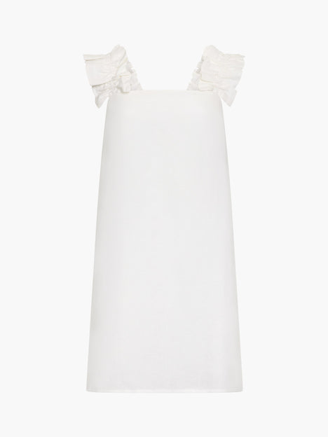 Birdie Linen Blend Ruffle Straps White Mini Dress